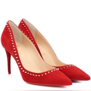 New Christian Louboutin ANJALINA 85 Spiked Studded Suede Heels Pumps Shoes Red